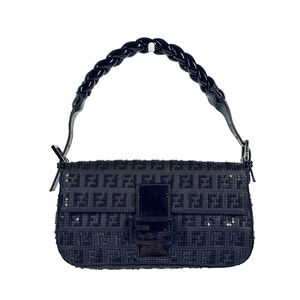 Fendi Black Patent Leather Zucca Monogram Sequin Shoulder Baguette Bag